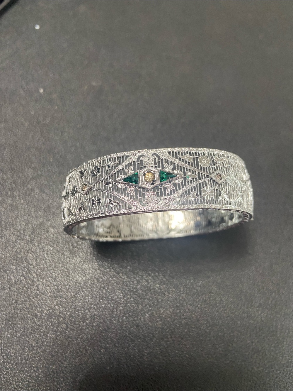 Art Deco Silver-Tone Filigree Bangle with Green Accents